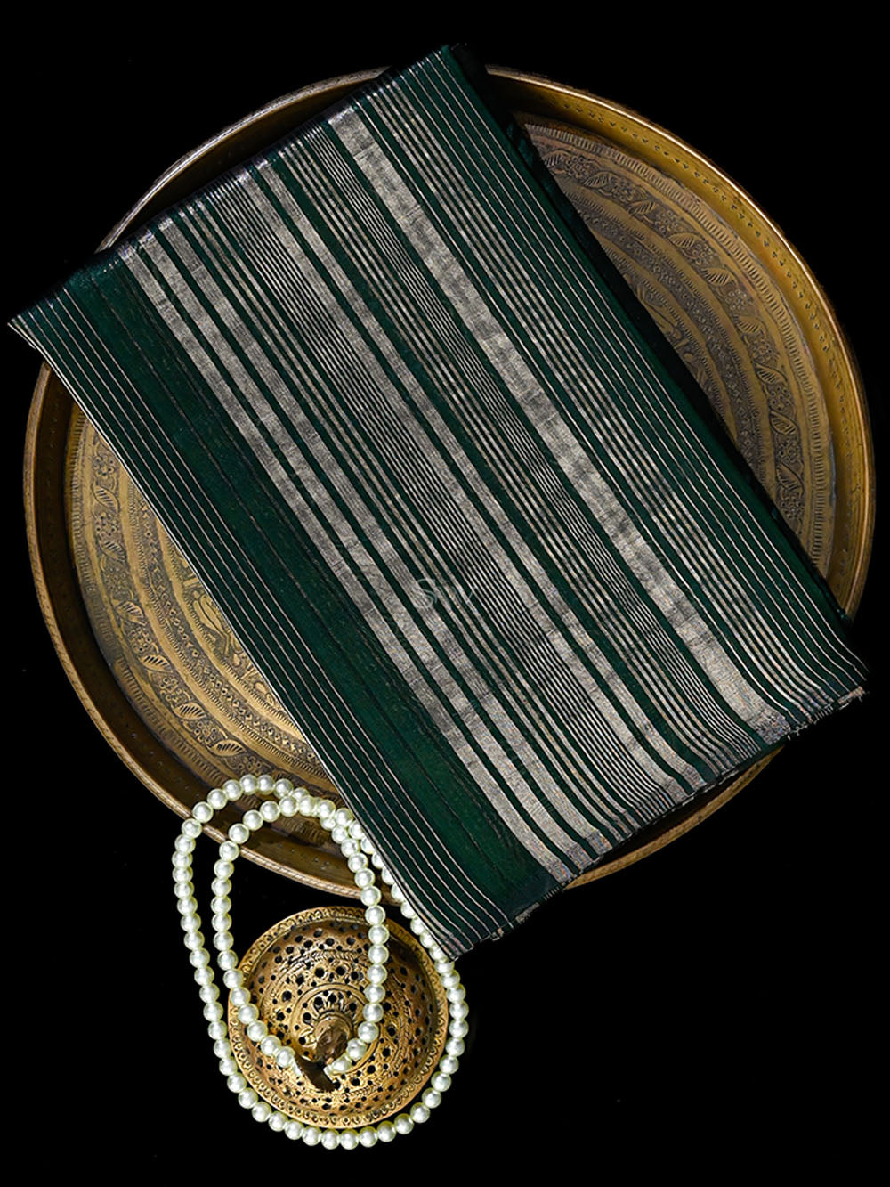 Bottle Green Stripe Silk Handloom Banarasi Saree