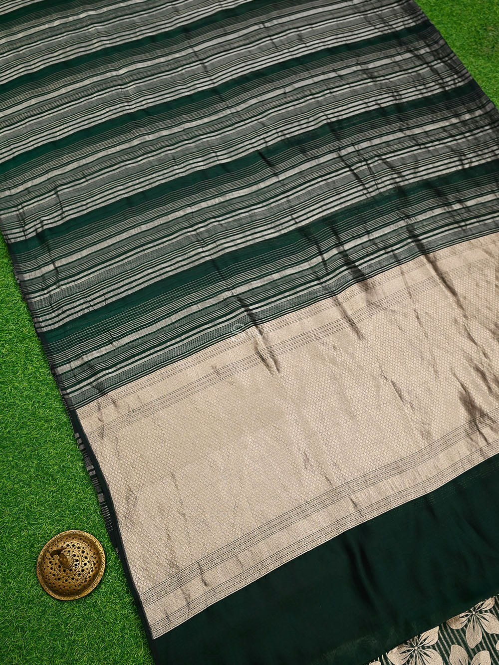 Bottle Green Stripe Silk Handloom Banarasi Saree
