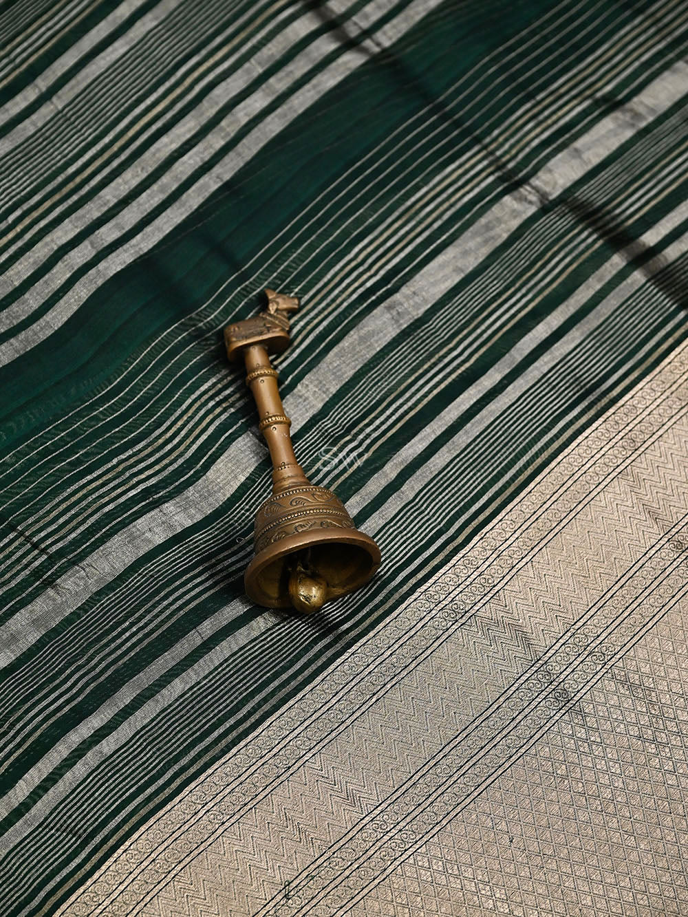 Bottle Green Stripe Silk Handloom Banarasi Saree
