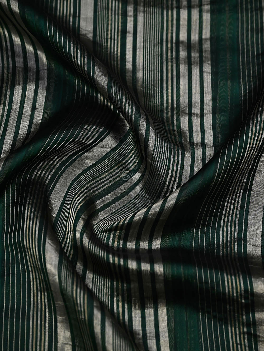 Bottle Green Stripe Silk Handloom Banarasi Saree