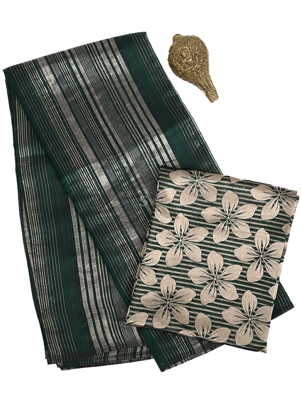 Bottle Green Stripe Silk Handloom Banarasi Saree