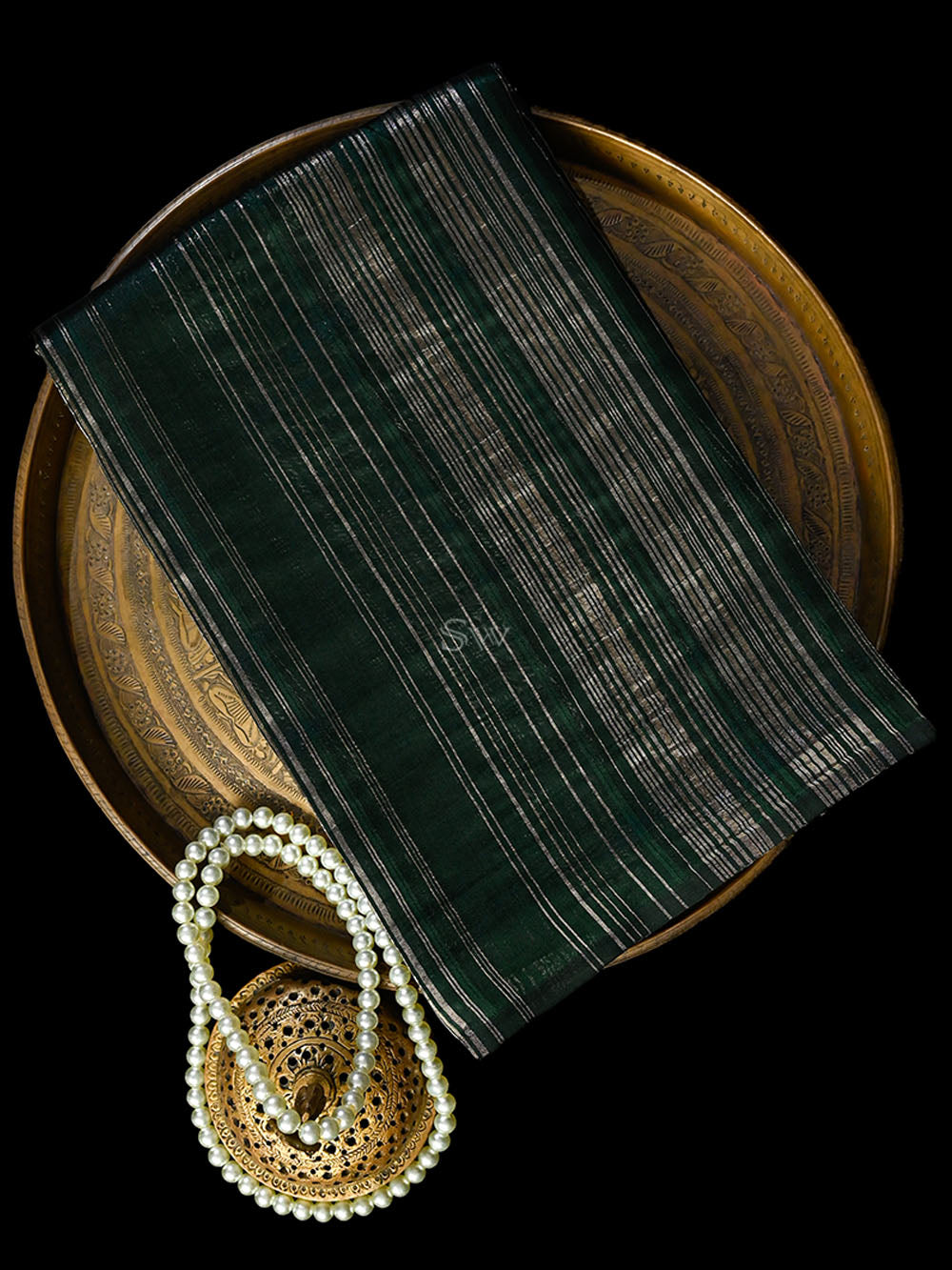 Bottle Green Stripe Silk Handloom Banarasi Saree