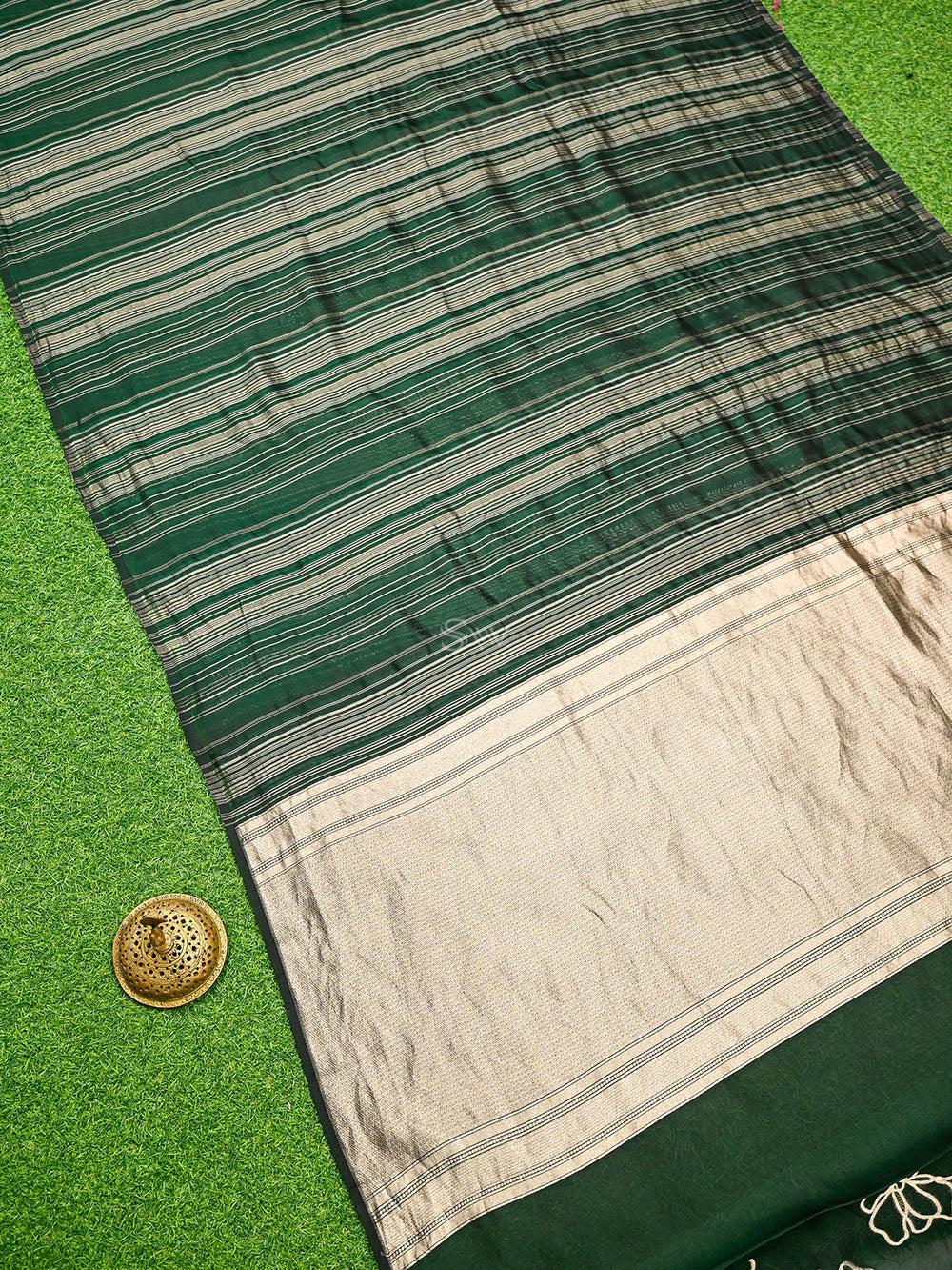 Bottle Green Stripe Silk Handloom Banarasi Saree