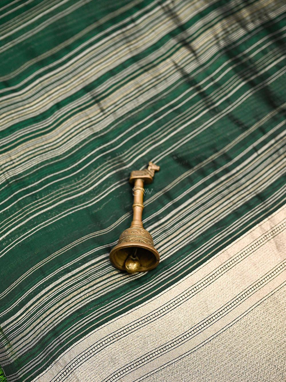 Bottle Green Stripe Silk Handloom Banarasi Saree