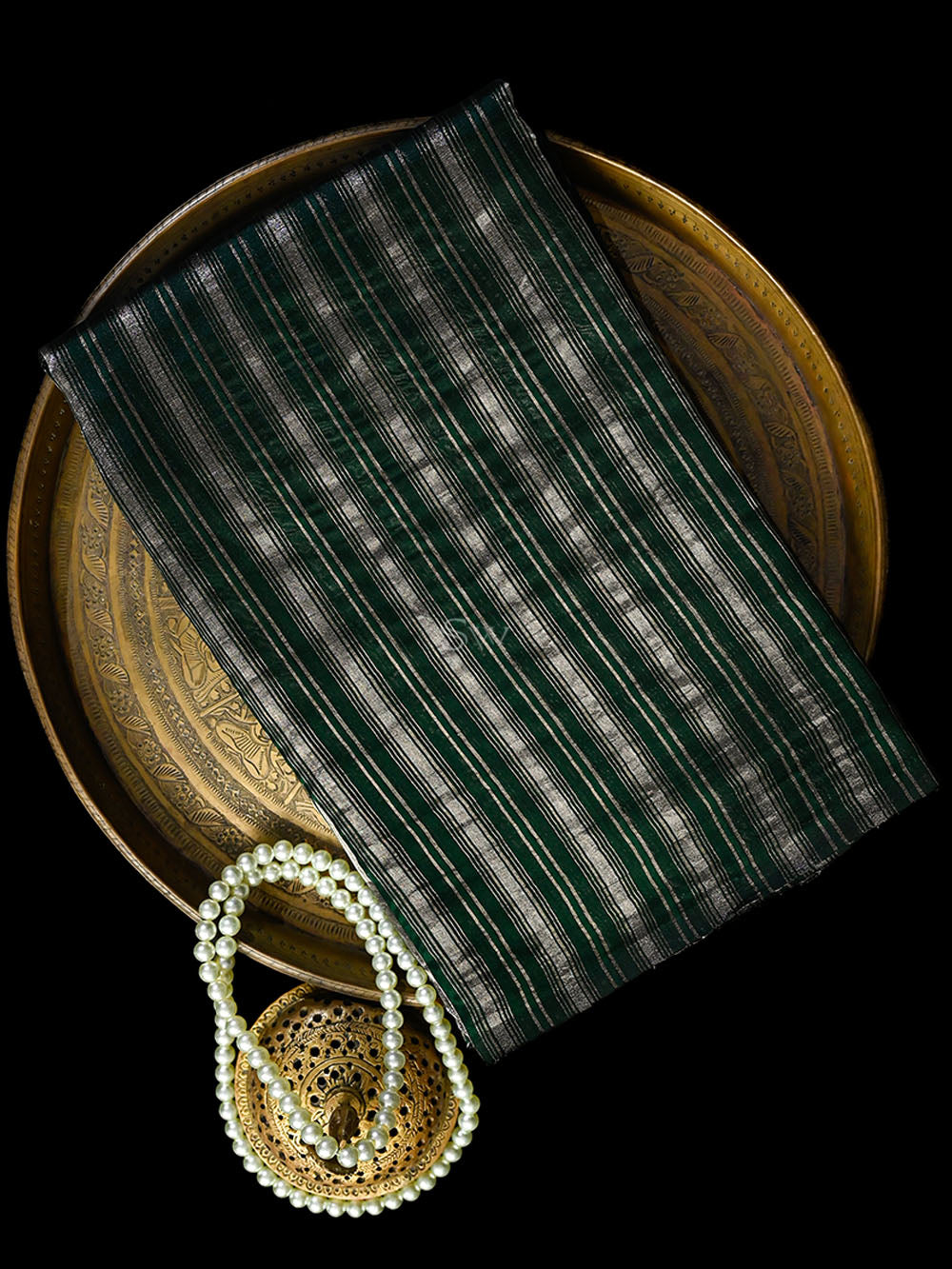 Bottle Green Stripe Silk Handloom Banarasi Saree