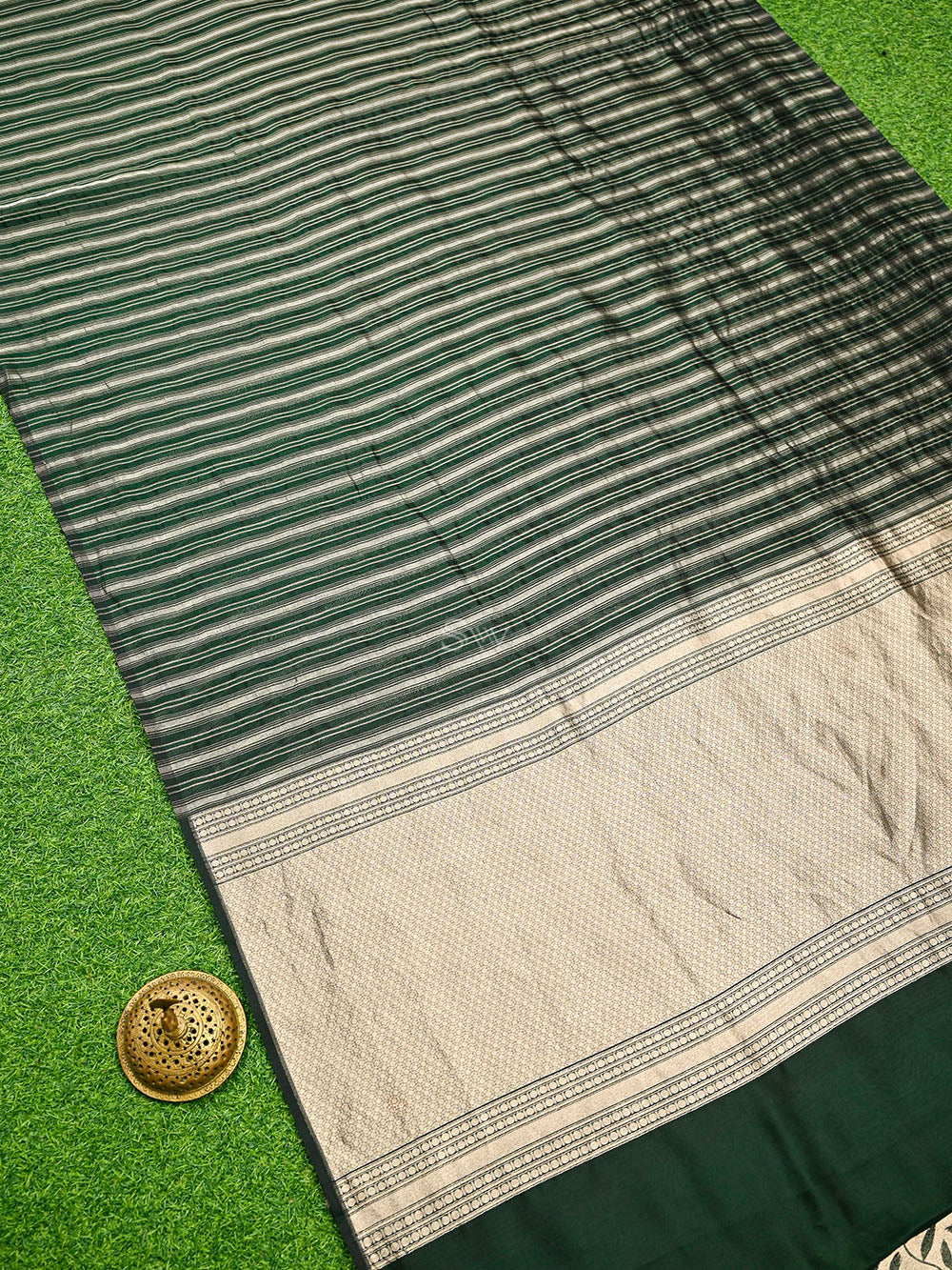 Bottle Green Stripe Silk Handloom Banarasi Saree