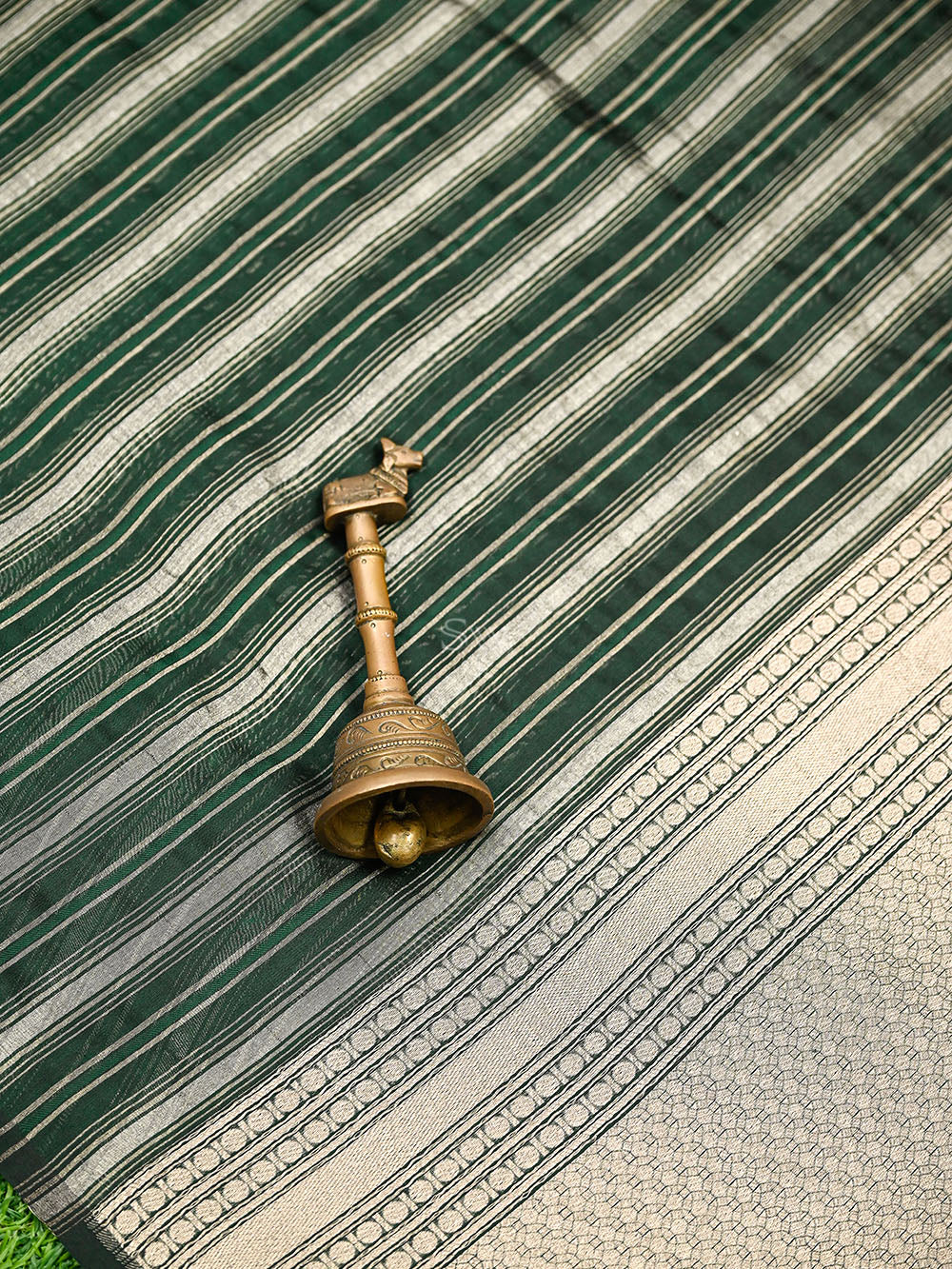 Bottle Green Stripe Silk Handloom Banarasi Saree