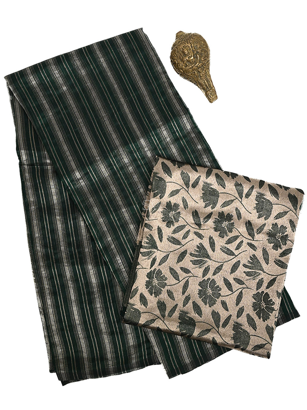 Bottle Green Stripe Silk Handloom Banarasi Saree