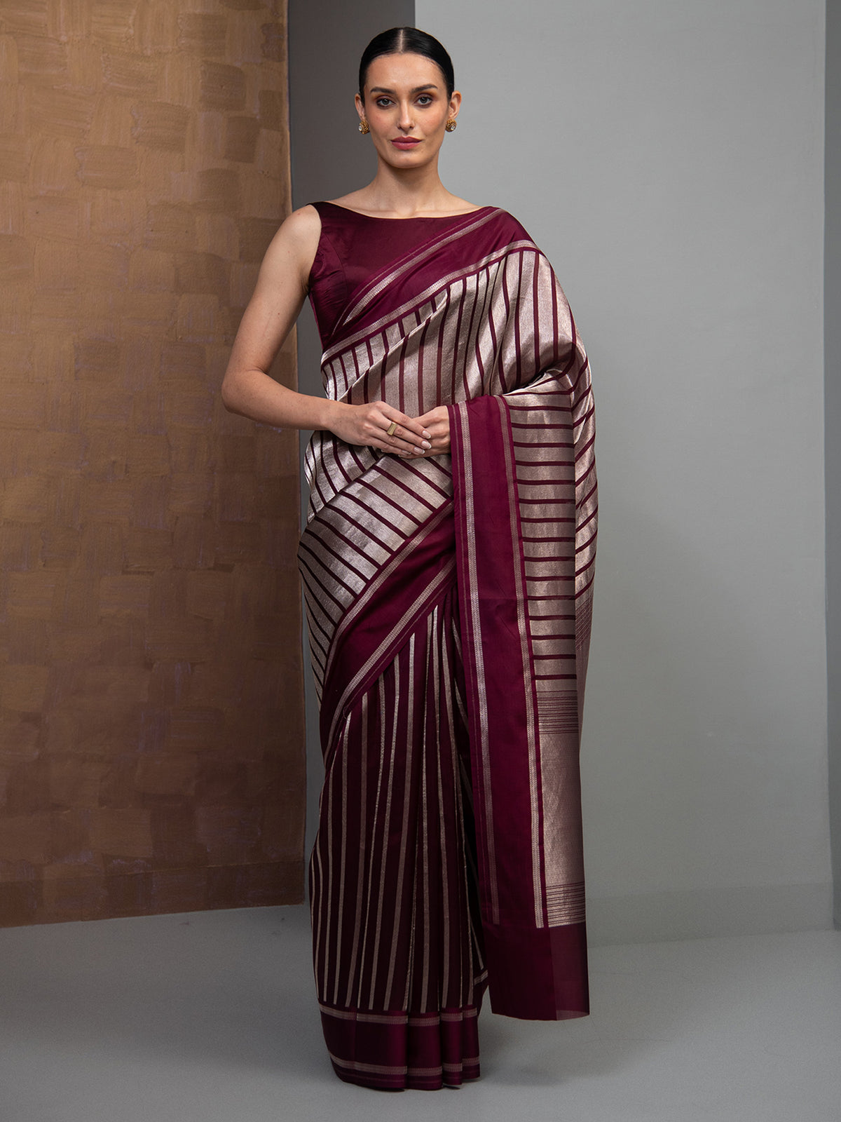Wine Stripe Silk Handloom Banarasi Saree