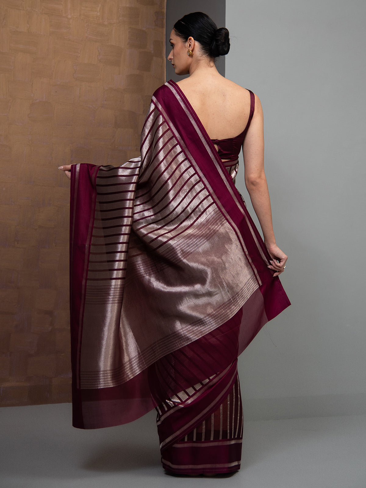 Wine Stripe Silk Handloom Banarasi Saree