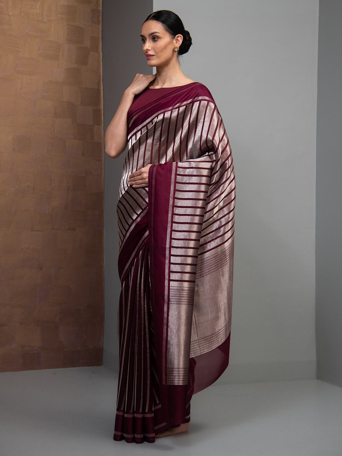 Wine Stripe Silk Handloom Banarasi Saree
