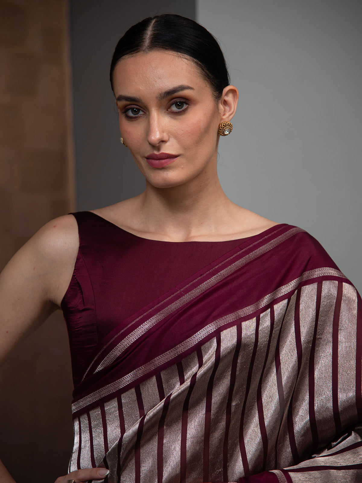 Wine Stripe Silk Handloom Banarasi Saree