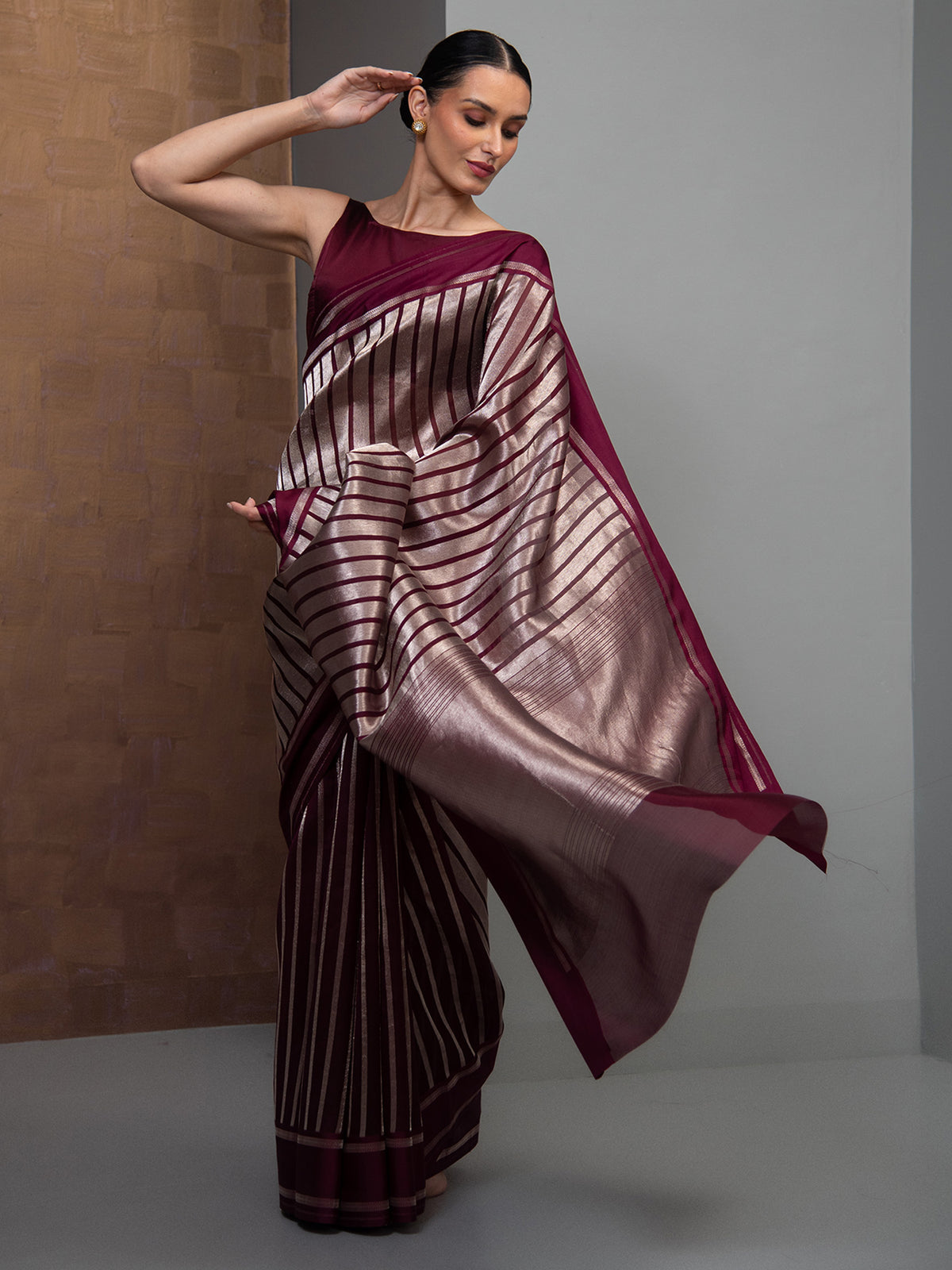 Wine Stripe Silk Handloom Banarasi Saree
