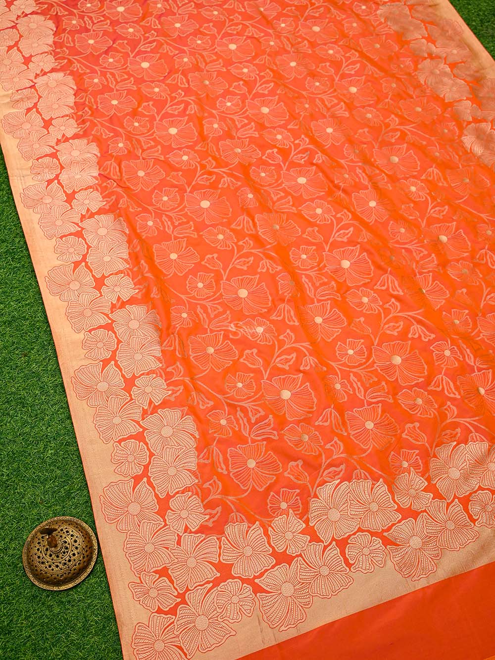 Orange Pink Jaal Katan Silk Handloom Banarasi Saree