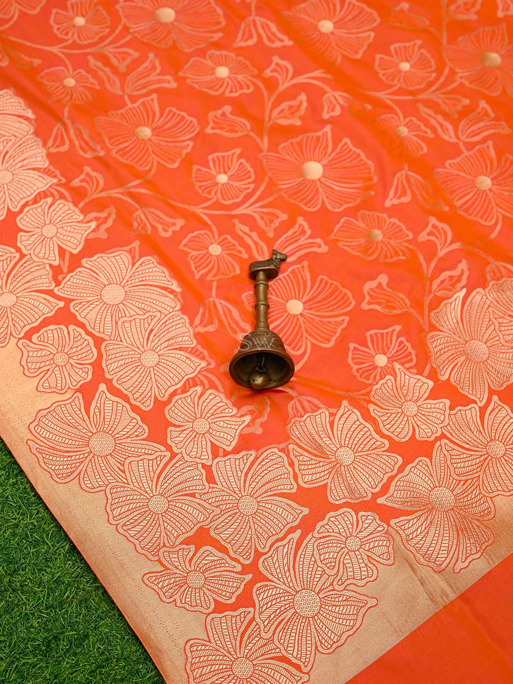 Orange Pink Jaal Katan Silk Handloom Banarasi Saree