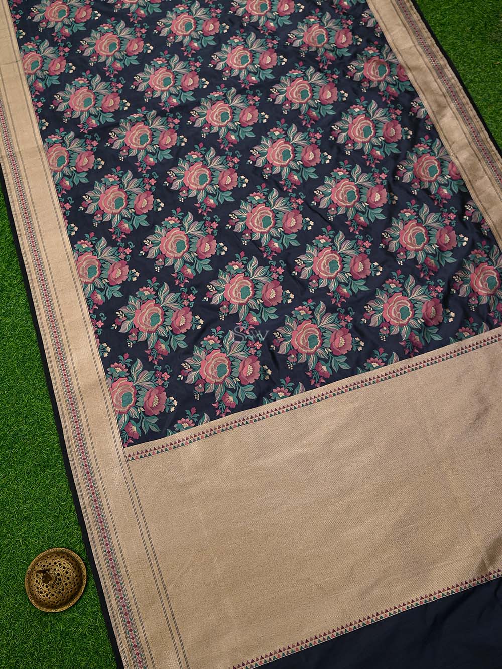 Navy Blue Floral Meenakari Katan Silk Handloom Banarasi Saree