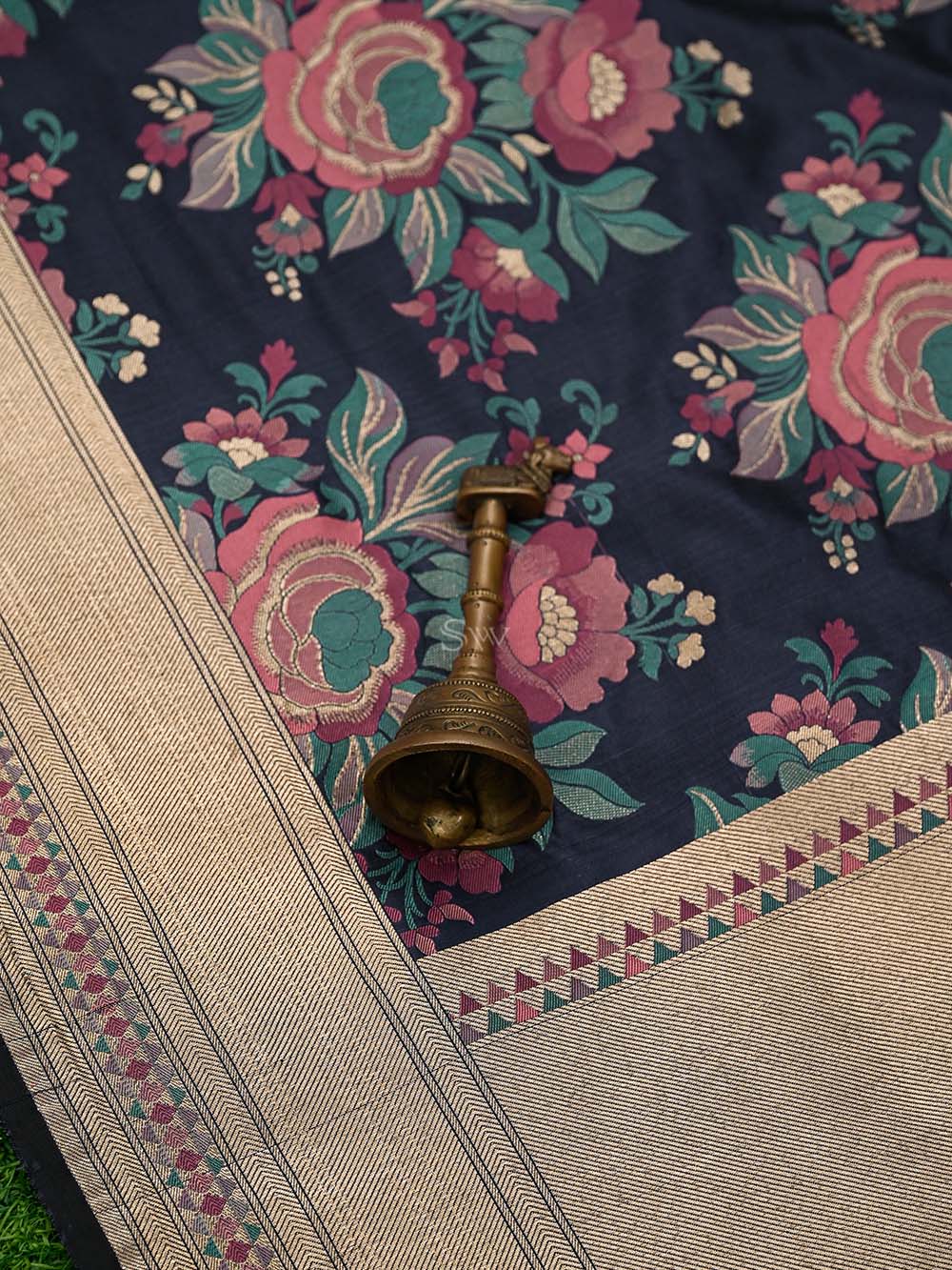 Navy Blue Floral Meenakari Katan Silk Handloom Banarasi Saree