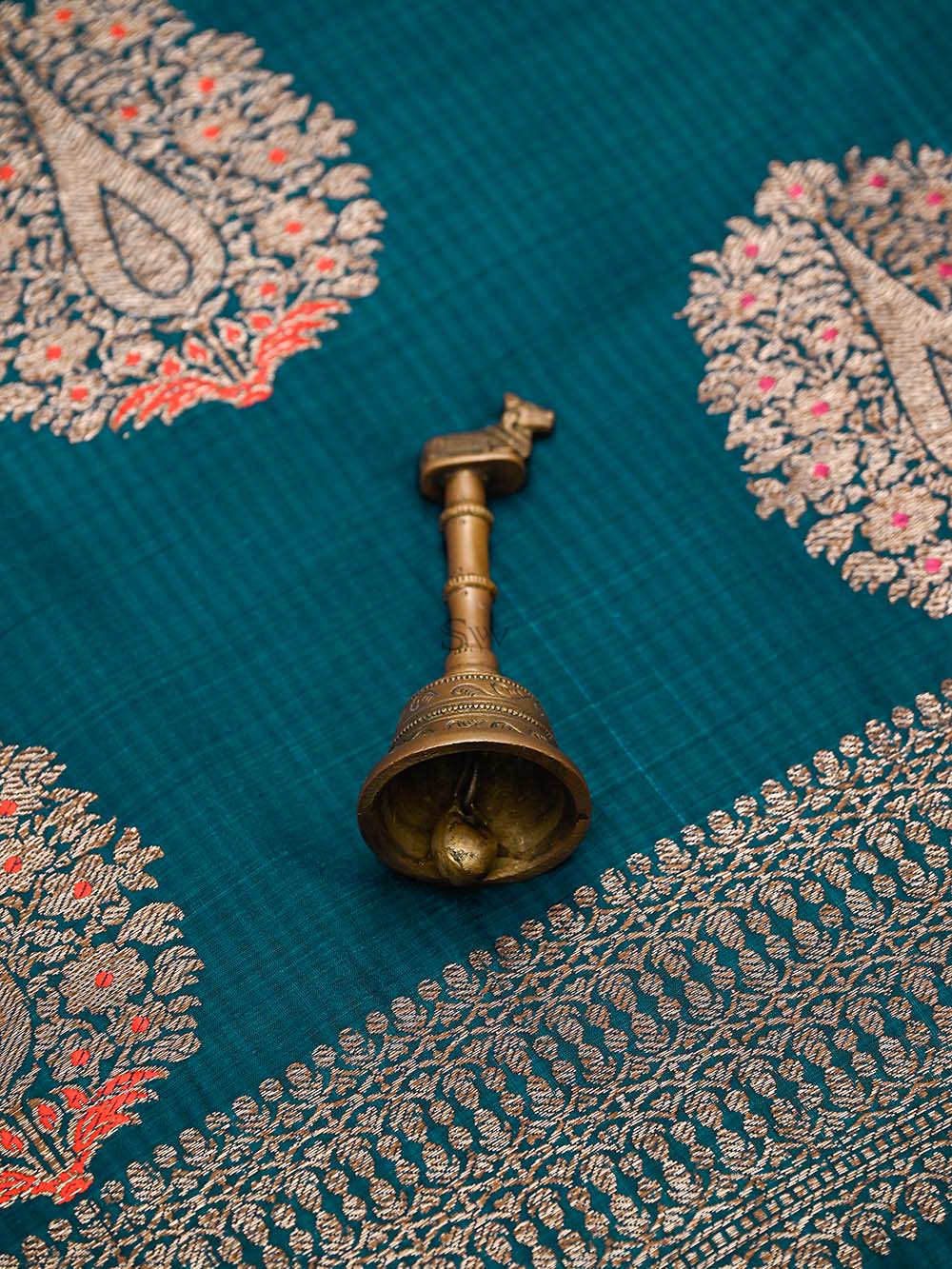 Peacock Blue Booti Dupion Silk Handloom Banarasi Saree - Sacred Weaves