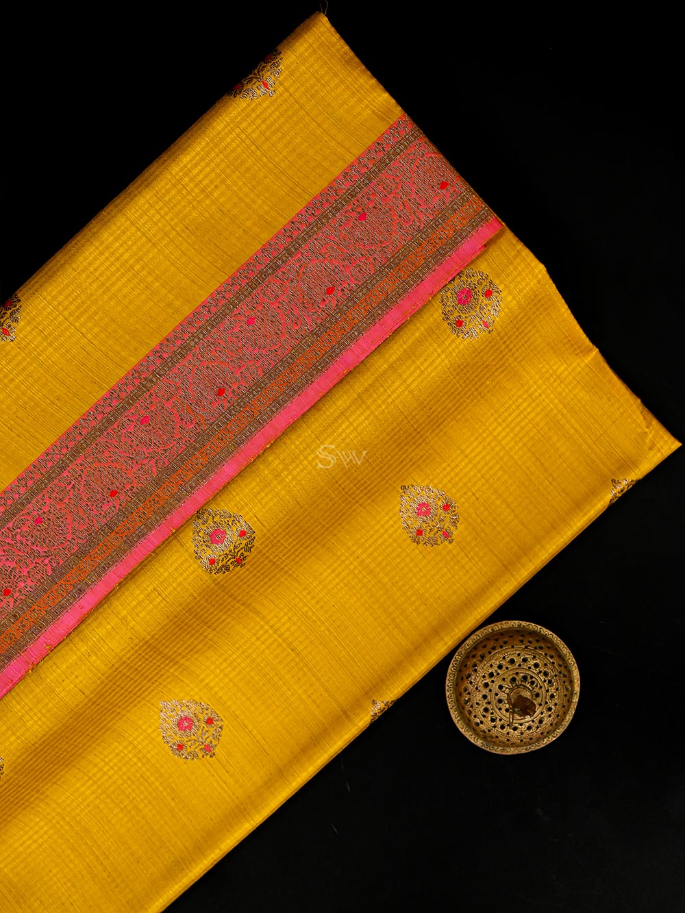 Mustard Boota Dupion Silk Handloom Banarasi Saree