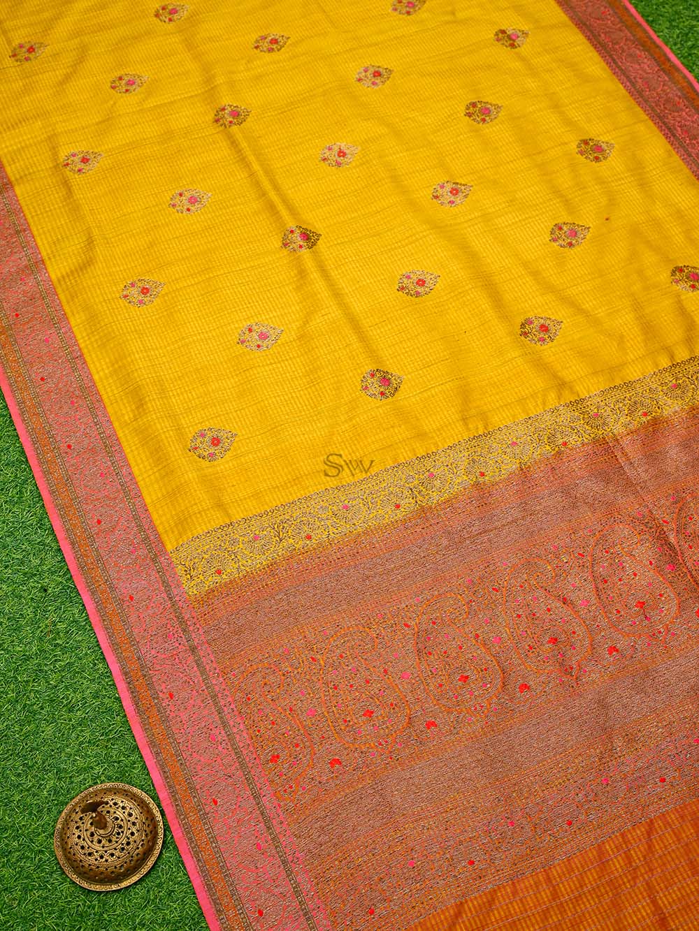 Mustard Boota Dupion Silk Handloom Banarasi Saree
