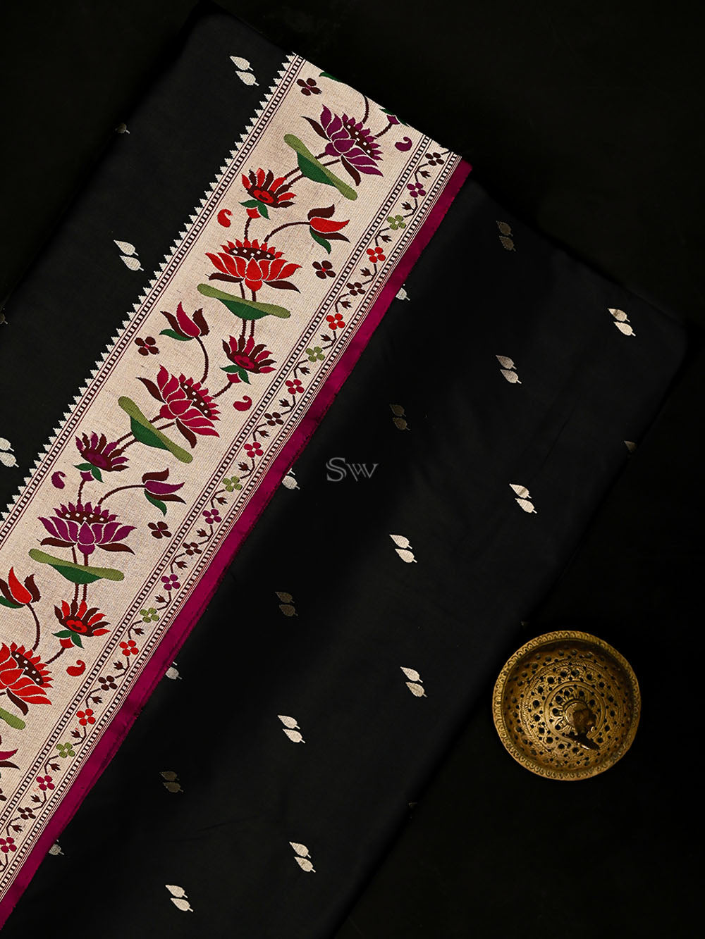 Black Paithani Katan Silk Handloom Banarasi Saree - Sacred Weaves