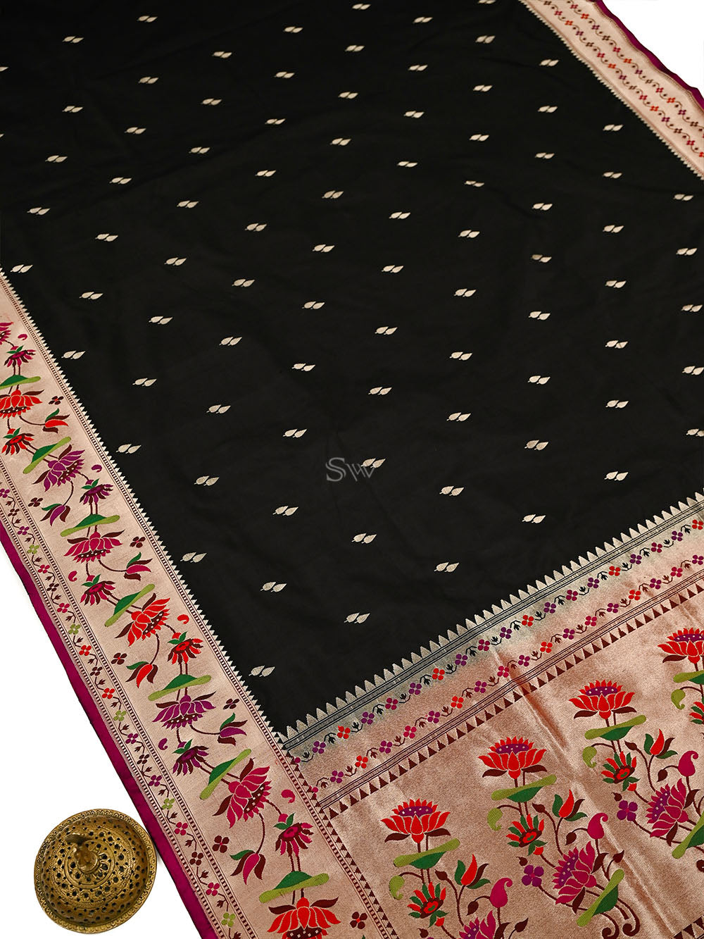 Black Paithani Katan Silk Handloom Banarasi Saree - Sacred Weaves