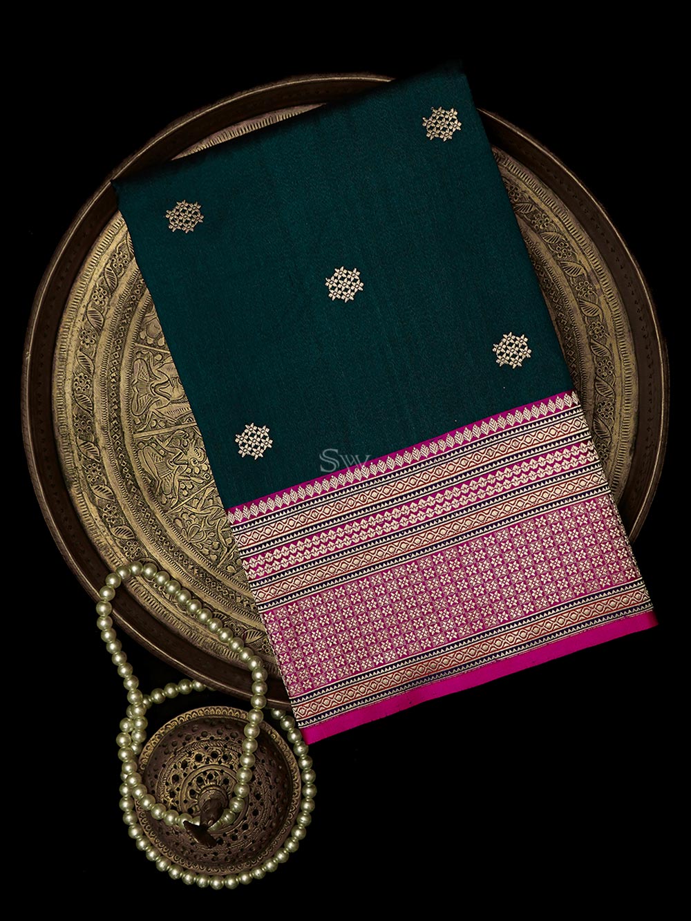 Teal Green Booti Tussar Silk Handloom Banarasi Saree