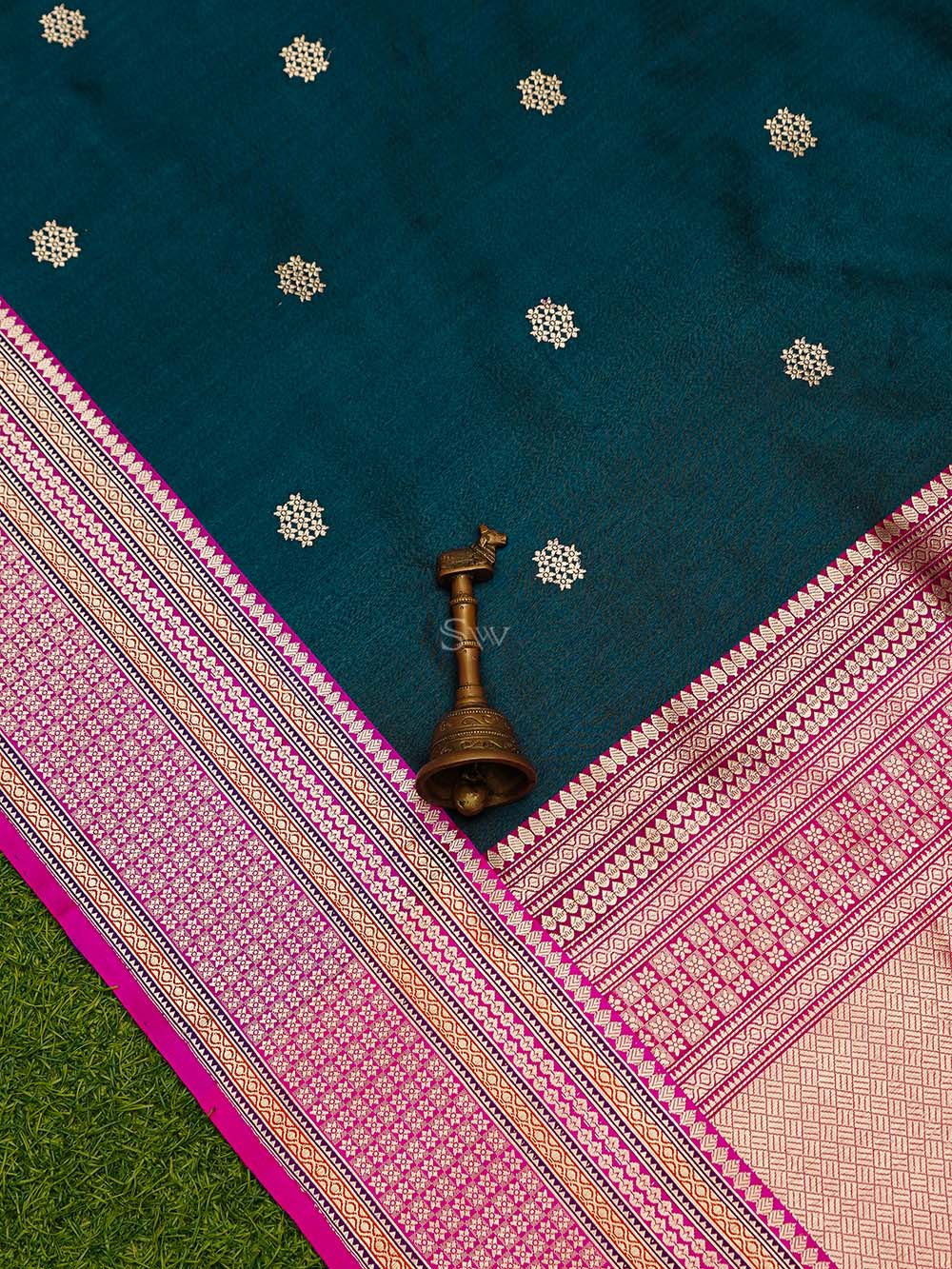 Teal Green Booti Tussar Silk Handloom Banarasi Saree