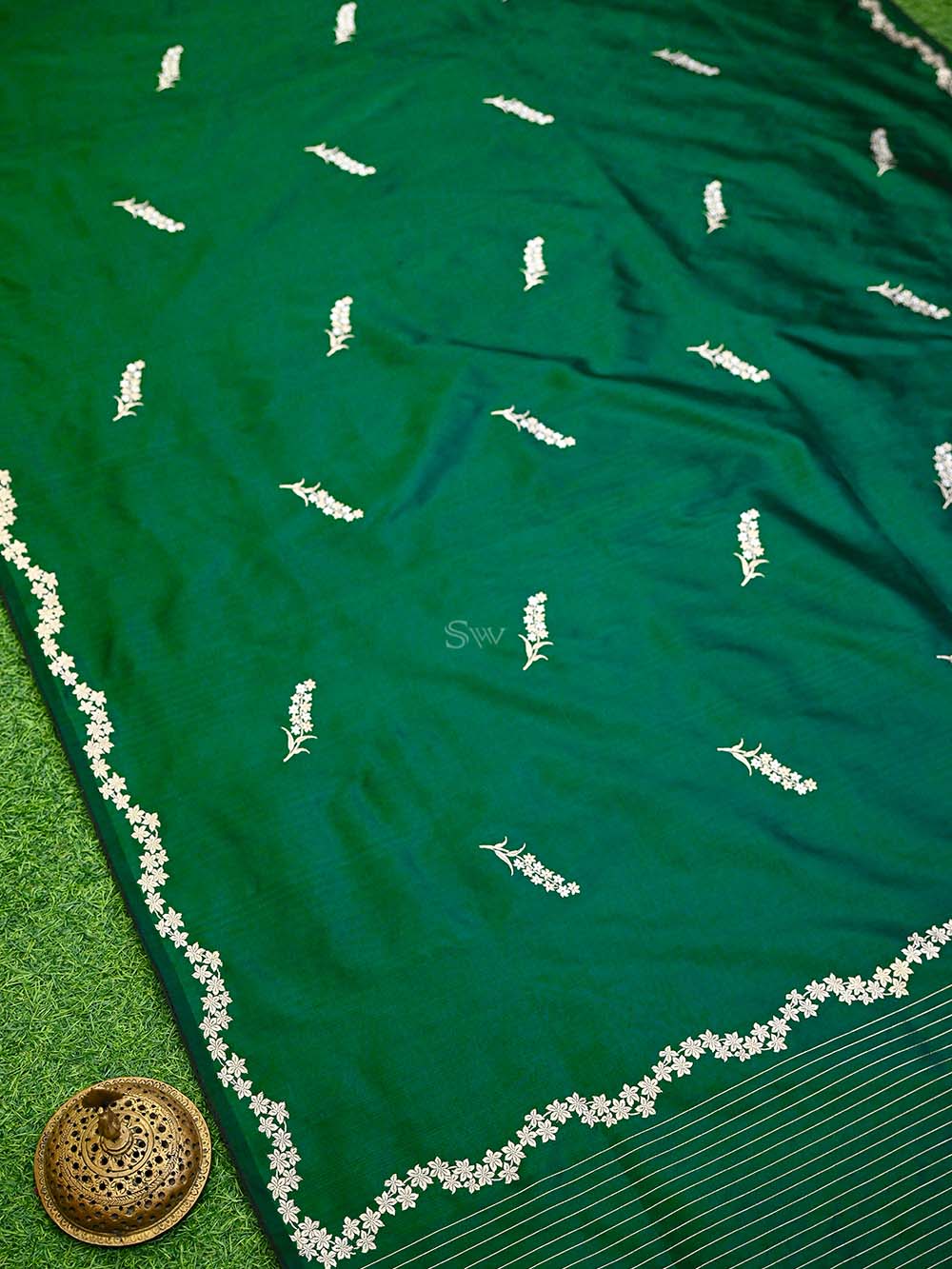 Bottle Green Sona Roopa Booti Katan Silk Handloom Banarasi Saree - Sacred Weaves