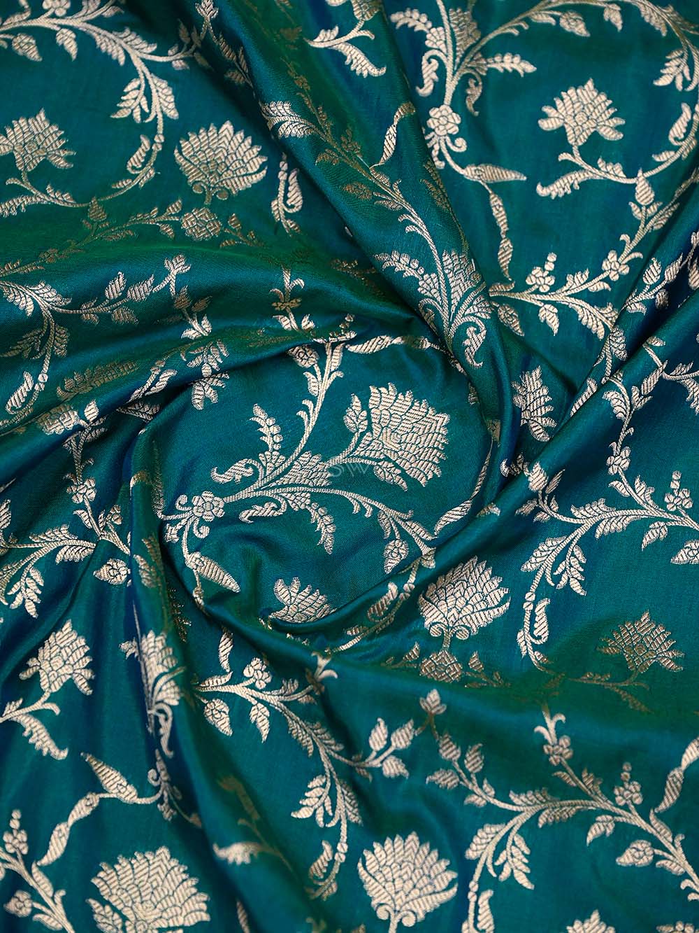 Teal Blue Jaal Uppada Katan Silk Handloom Banarasi Saree - Sacred Weaves