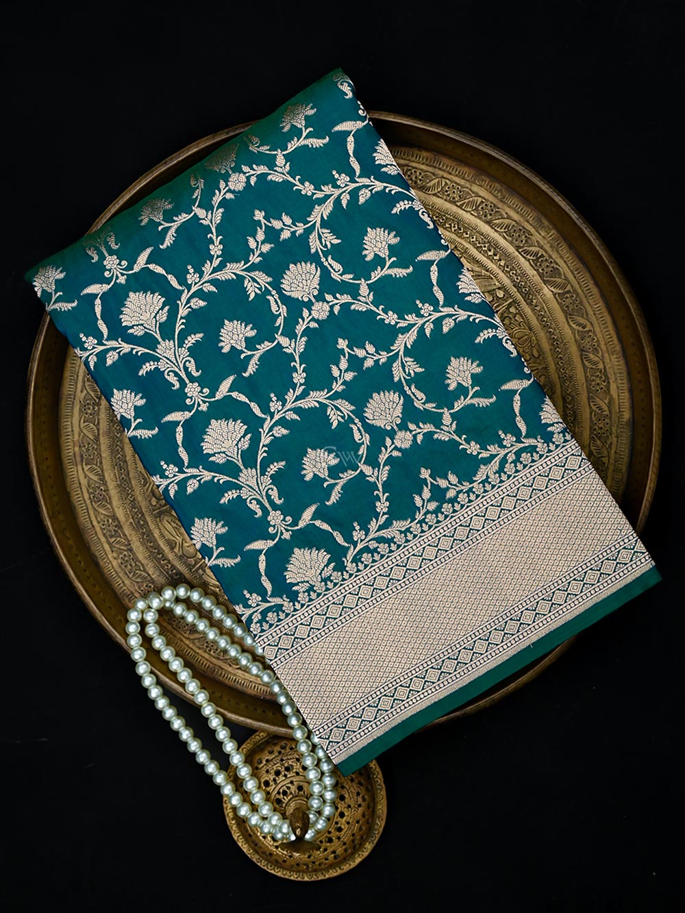 Teal Blue Jaal Uppada Katan Silk Handloom Banarasi Saree