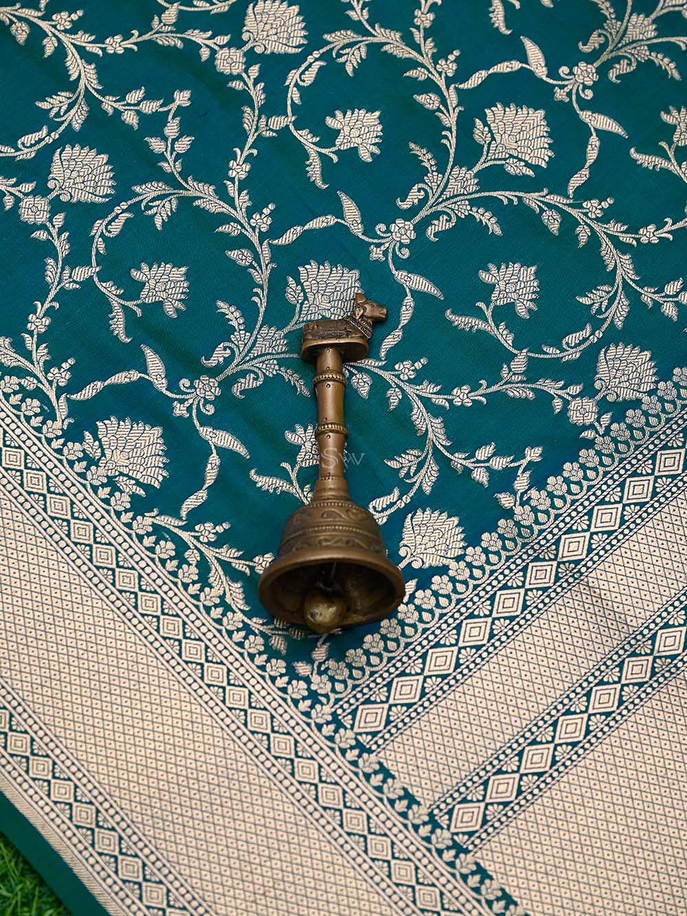 Teal Blue Jaal Uppada Katan Silk Handloom Banarasi Saree - Sacred Weaves