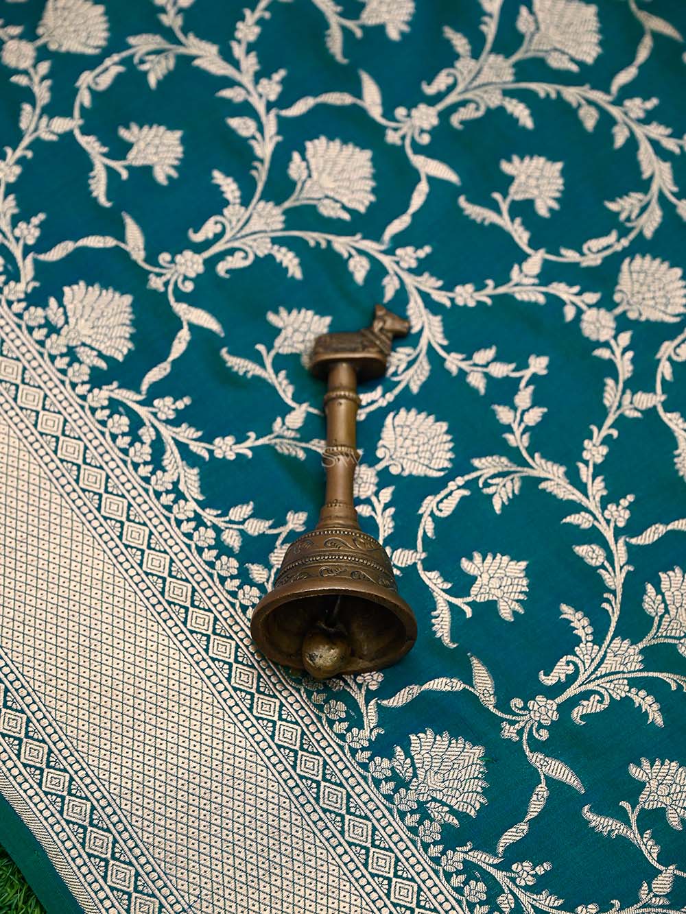 Teal Blue Jaal Uppada Katan Silk Handloom Banarasi Saree - Sacred Weaves