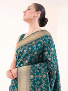 Teal Blue Jaal Uppada Katan Silk Handloom Banarasi Saree - Sacred Weaves