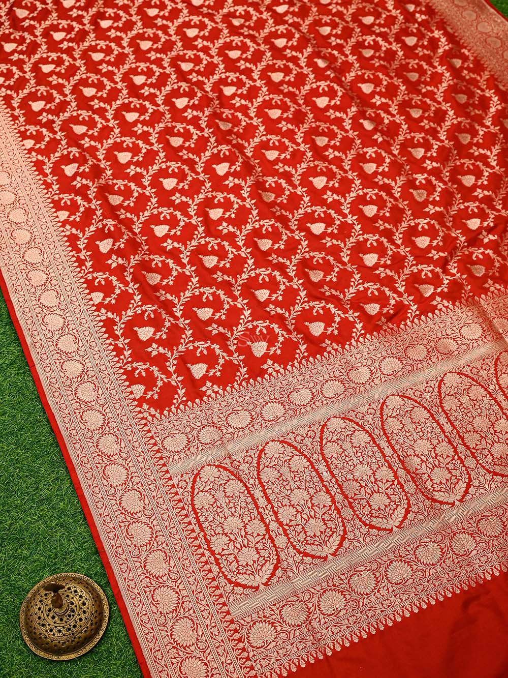 Red Jaal Uppada Katan Silk Handloom Banarasi Saree - Sacred Weaves