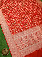 Red Jaal Uppada Katan Silk Handloom Banarasi Saree - Sacred Weaves