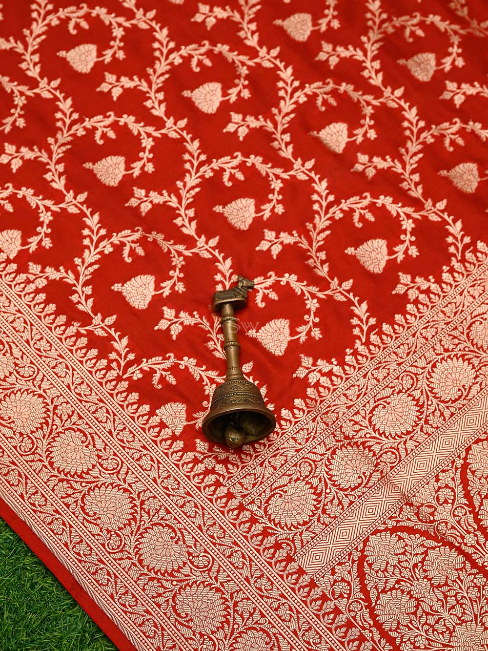 Red Jaal Uppada Katan Silk Handloom Banarasi Saree - Sacred Weaves