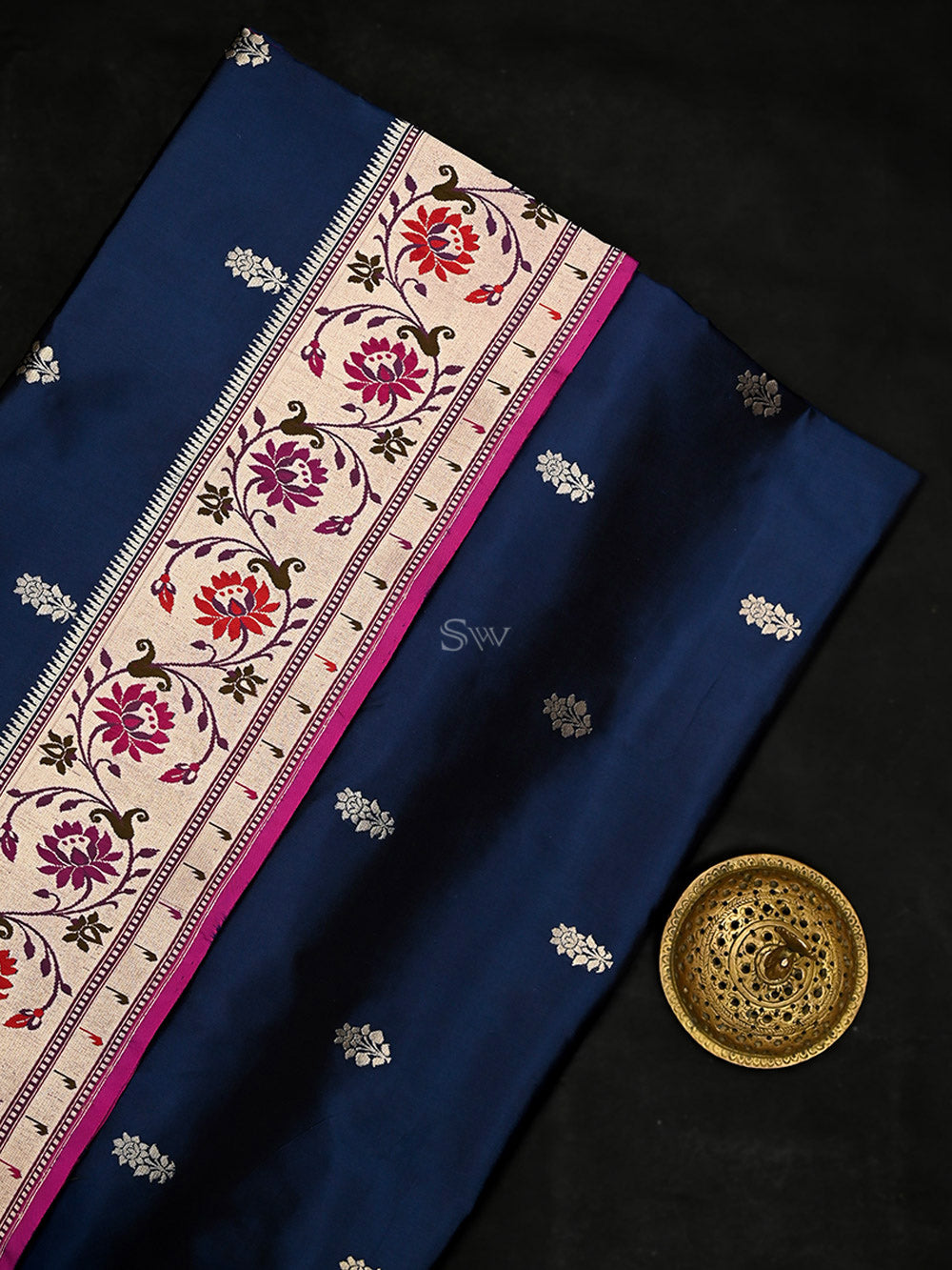 Navy Blue Paithani Katan Silk Handloom Banarasi Saree - Sacred Weaves