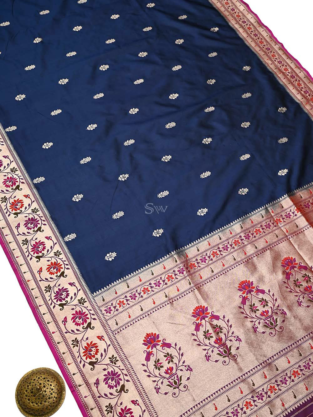 Navy Blue Paithani Katan Silk Handloom Banarasi Saree - Sacred Weaves