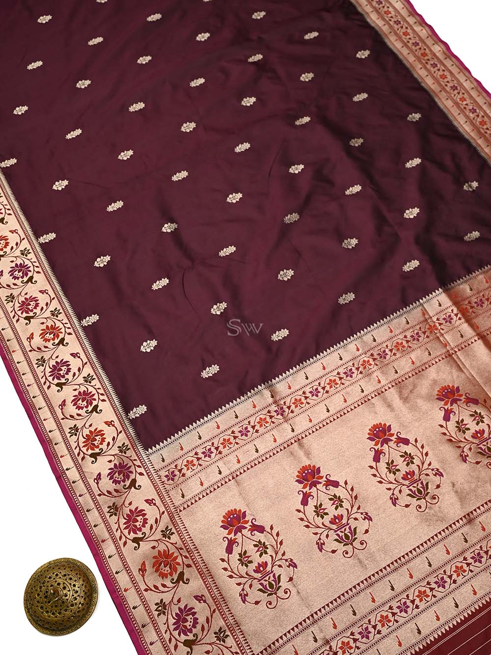 Wine Paithani Katan Silk Handloom Banarasi Saree - Sacred Weaves