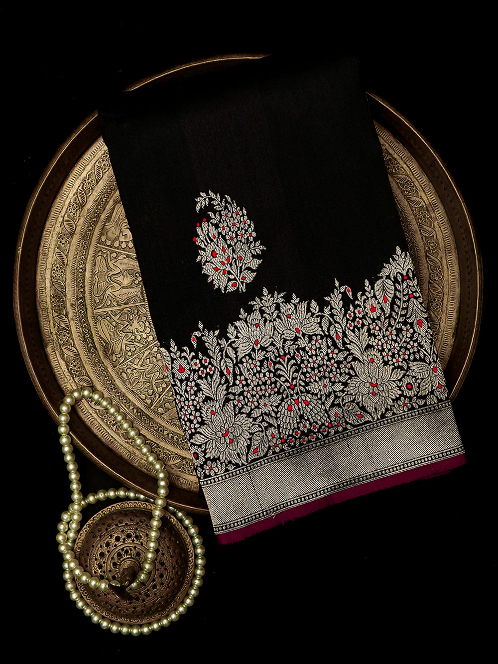 Black Meenakari Boota Tussar Silk Handloom Banarasi Saree