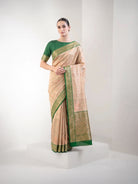 Beige Green Booti Tussar Silk Handloom Banarasi Saree - Sacred Weaves