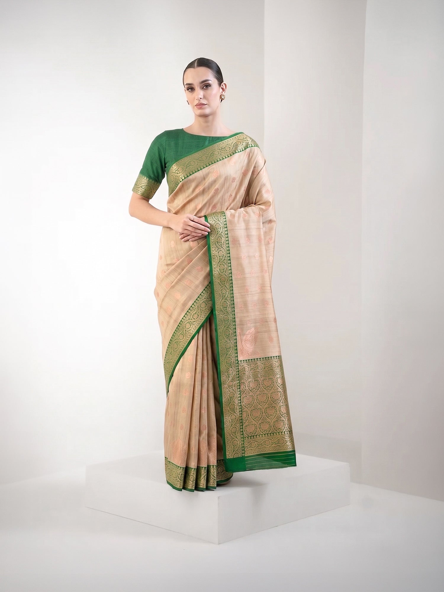 Beige Green Booti Tussar Silk Handloom Banarasi Saree - Sacred Weaves
