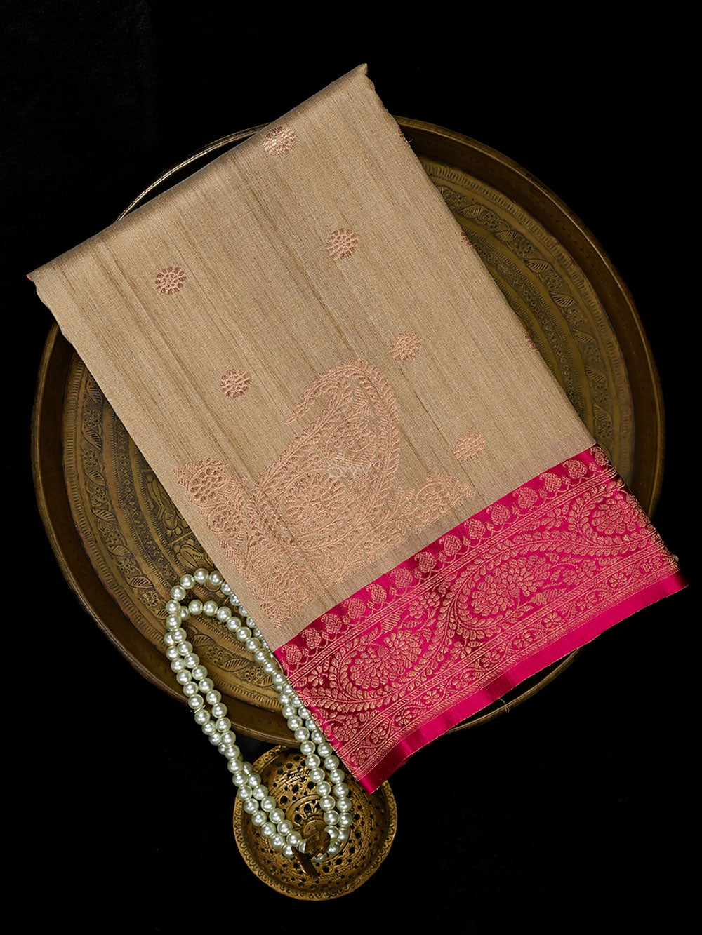 Beige Booti Konia Tussar Silk Handloom Banarasi Saree - Sacred Weaves