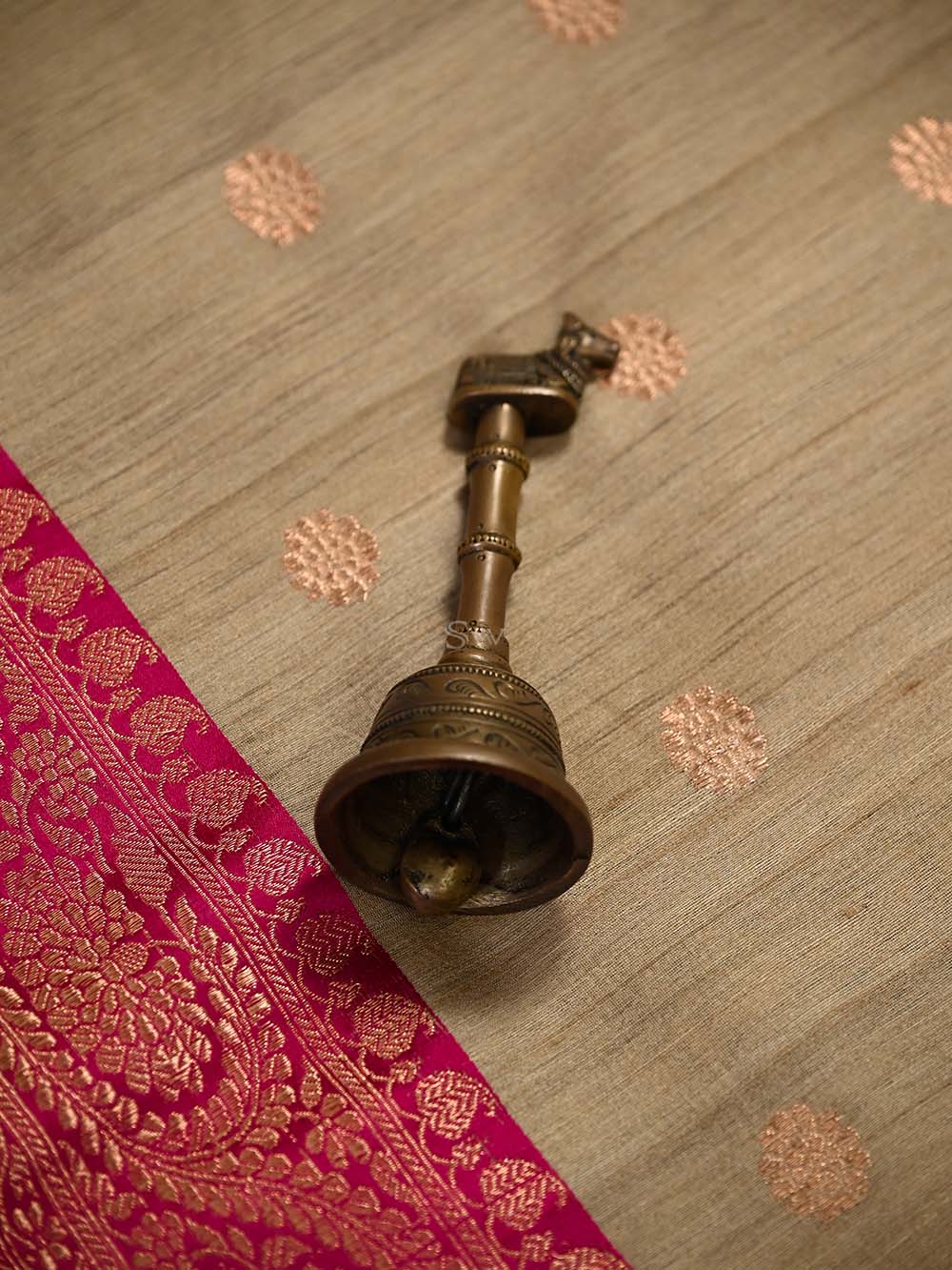 Beige Booti Konia Tussar Silk Handloom Banarasi Saree - Sacred Weaves