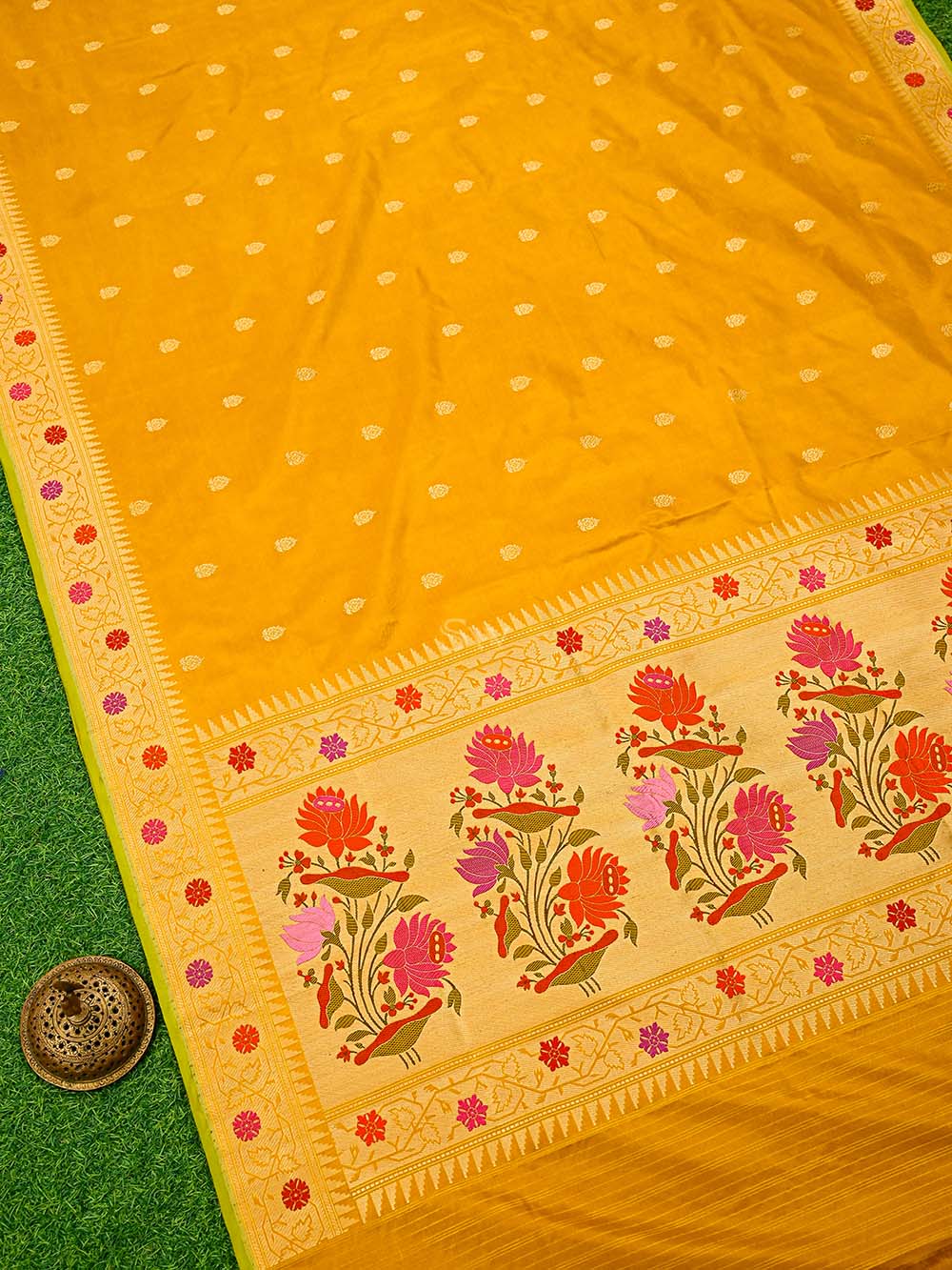 Mustard Paithani Katan Silk Handloom Banarasi Saree