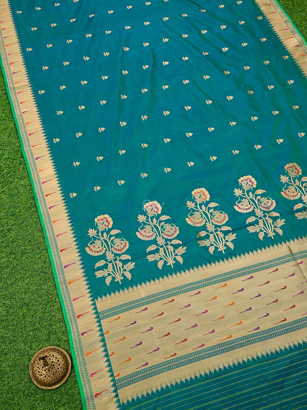 Blue Green Paithani Katan Silk Handloom Banarasi Saree