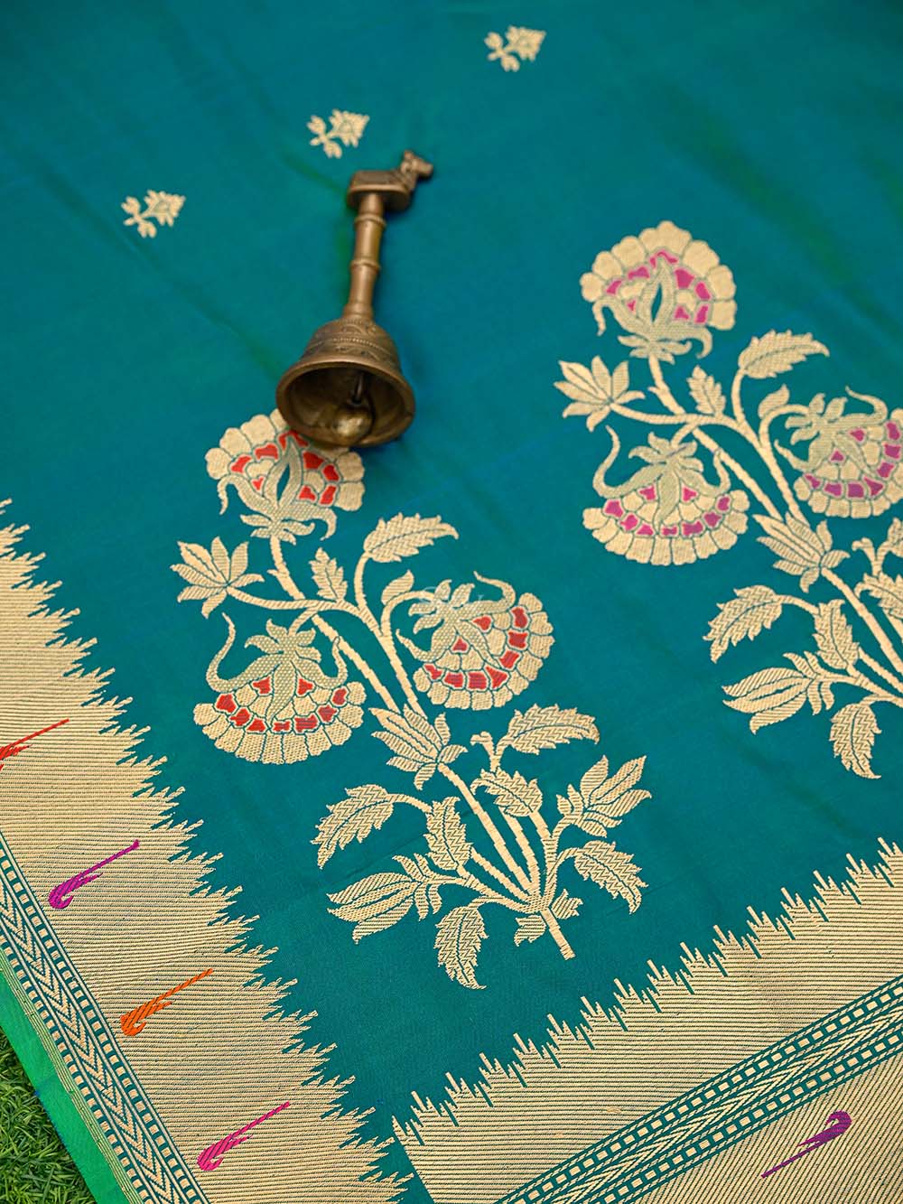 Blue Green Paithani Katan Silk Handloom Banarasi Saree