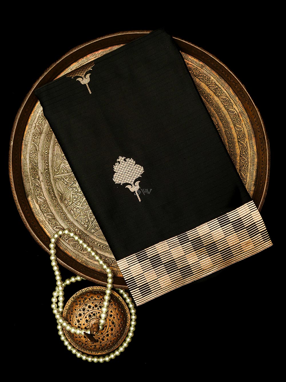 Black Booti Satin Tanchoi Handloom Banarasi Saree - Sacred Weaves
