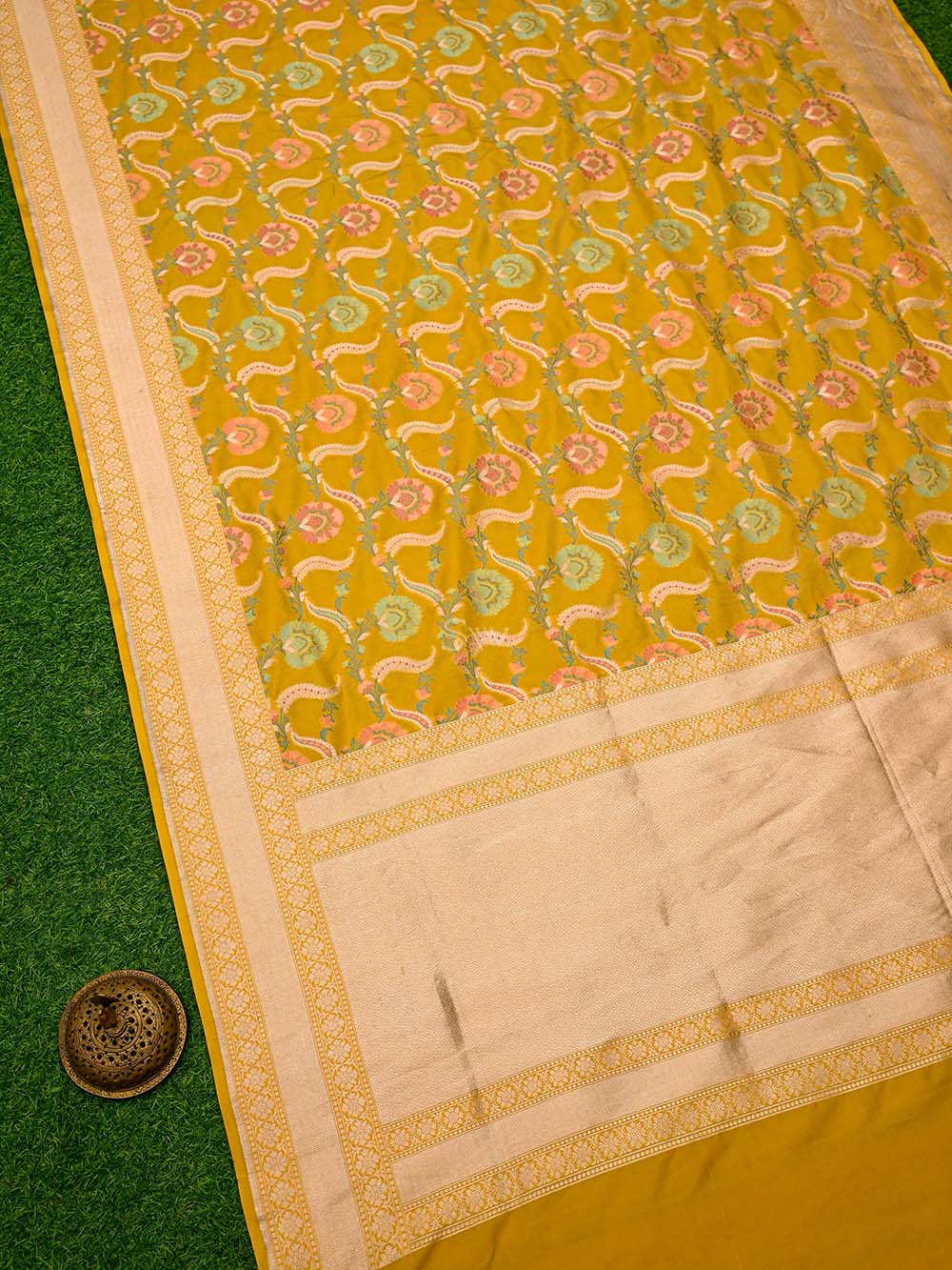 Mustard Meenakari Jaal Katan Silk Handloom Banarasi Saree